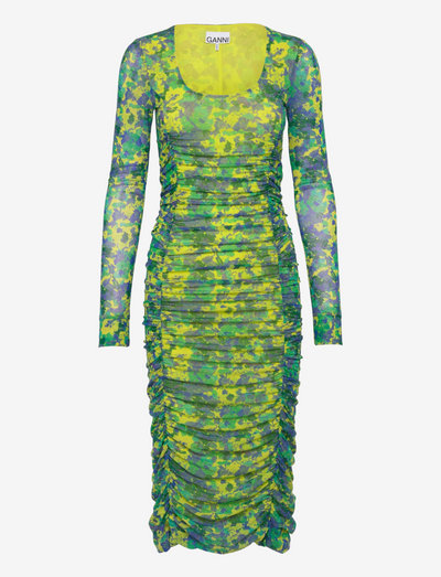 Printed Mesh U-neck Gathered Panel Dress - summer dresses - sulphur spring