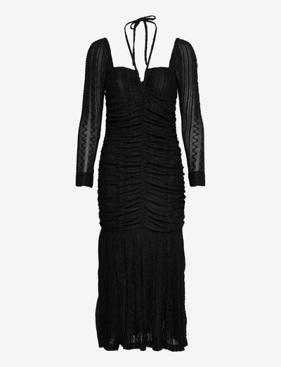 Stretch Lace Gathering Midi Dress - vasarinės suknelės - black