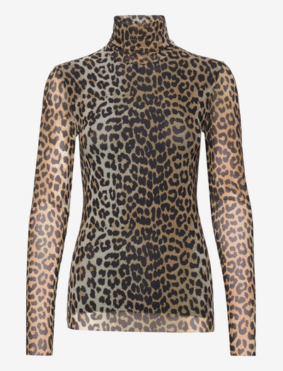 Printed Mesh Long Sleeve Fitted Rollneck - langærmede toppe - leopard seedpearl