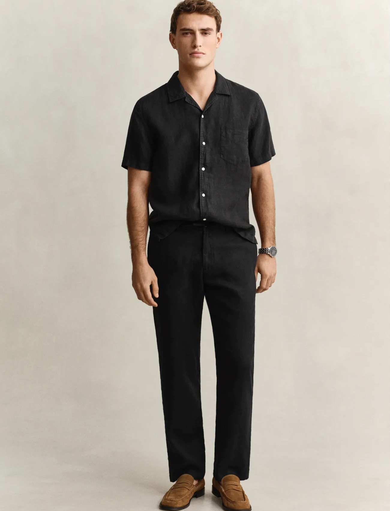 GANT Reg Linen Ds Pants, M, Black, Bukser > Afslappet, Herre
