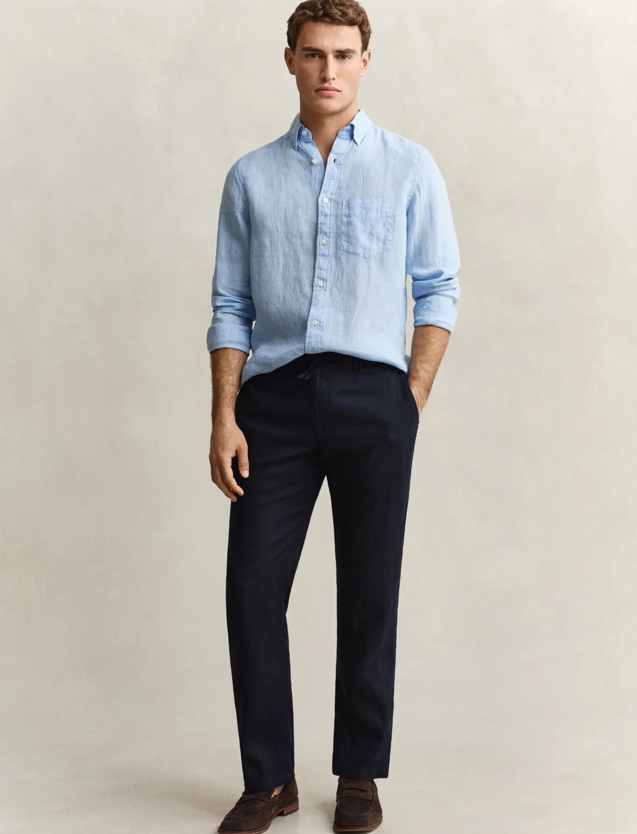 GANT Reg Linen Ds Pants, XXL, Navy, Bukser > Afslappet, Herre