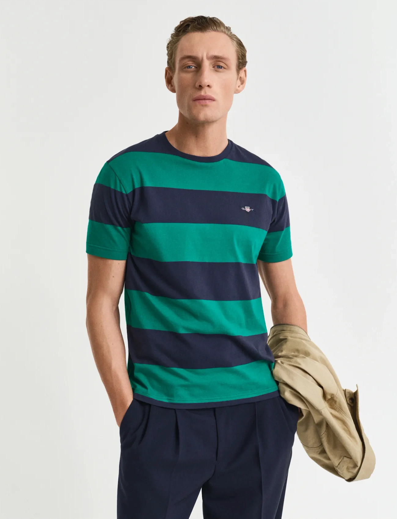 GANT Bar Stripe Ss T-Shirt, L, Green, T-shirts - Short-sleeved, Herre