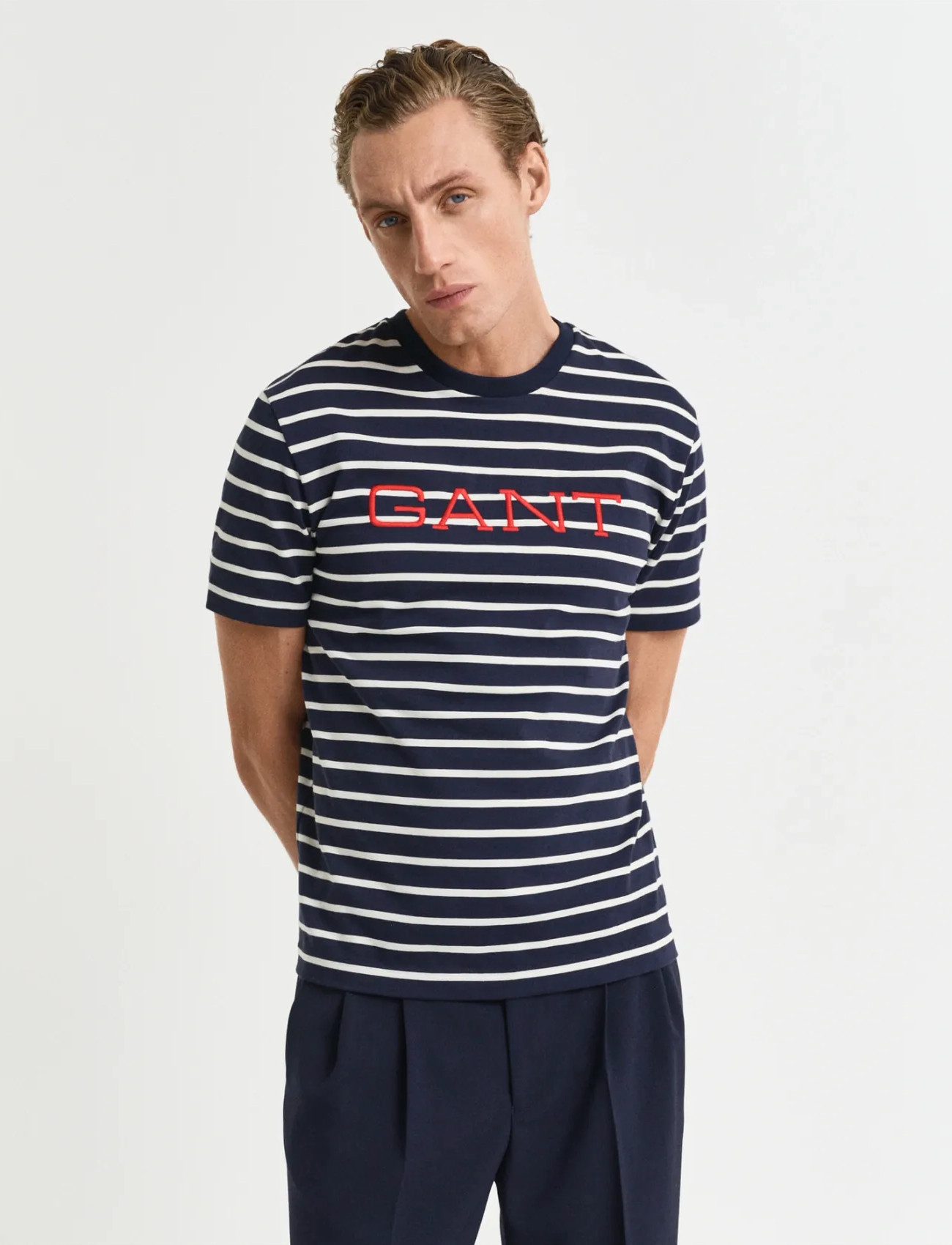 GANT Graphic Striped Ss T-Shirt, S, Navy, T-Shirts > Kortærmede, Herre