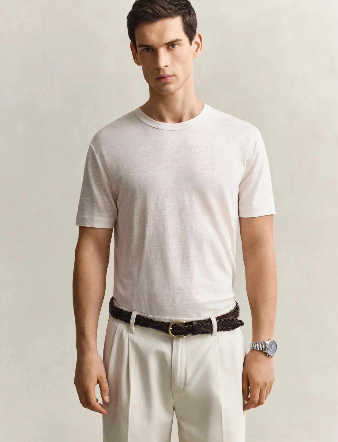 GANT Linen Ss T-Shirt, L, Cream, T-Shirts > Kortærmede, Herre