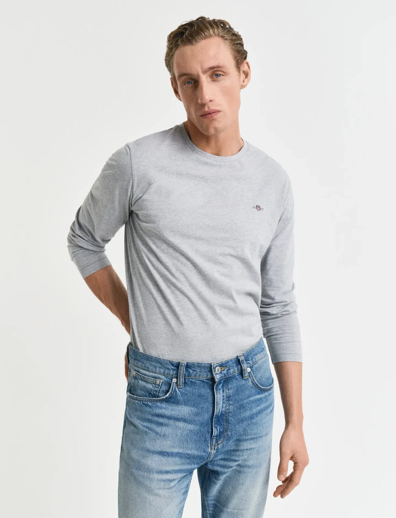 GANT Reg Shield Ls T-Shirt, S, Grey, T-Shirts > Langærmede, Herre