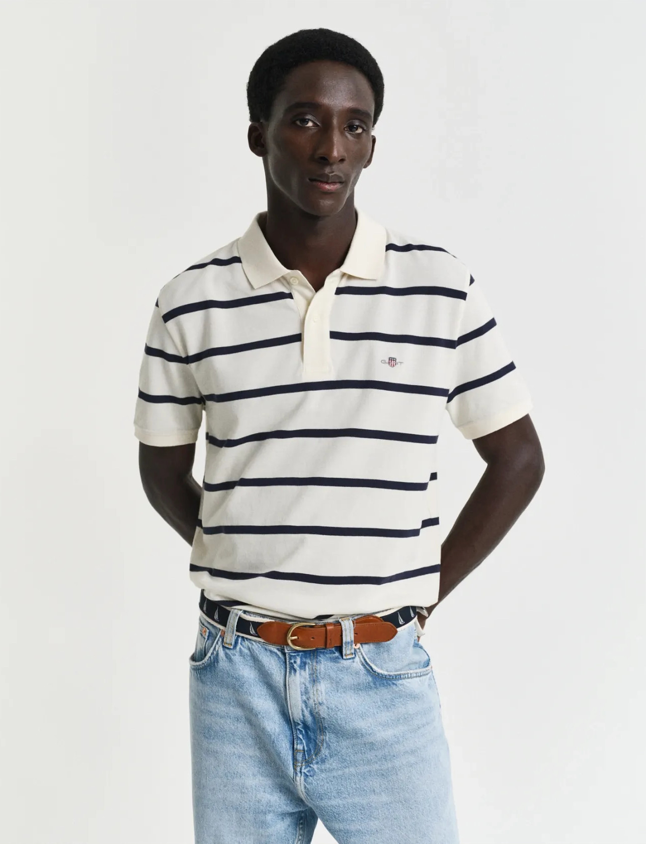 GANT Striped Polo, M, Polos, Creme - Short-sleeved, Männerswear