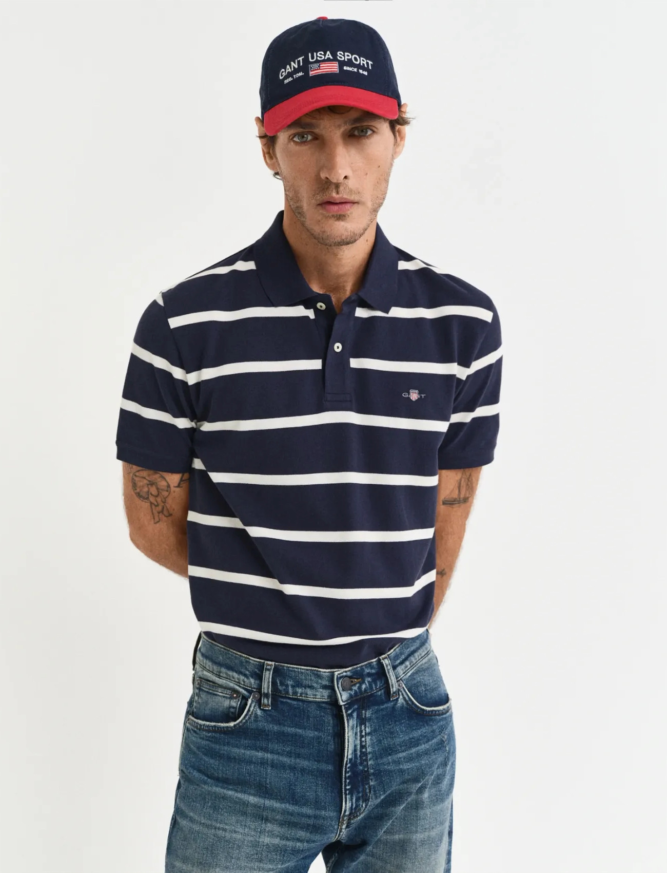 GANT Striped Polo, L, Navy, Poloer > Kortærmede, Herre
