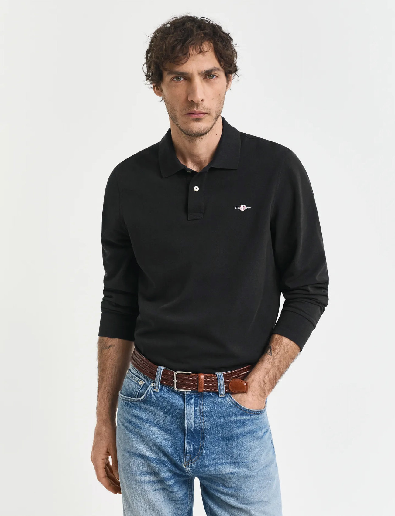 GANT Long Sleeve Polo Shirt, S, Black, Poloer > Langærmede, Herre