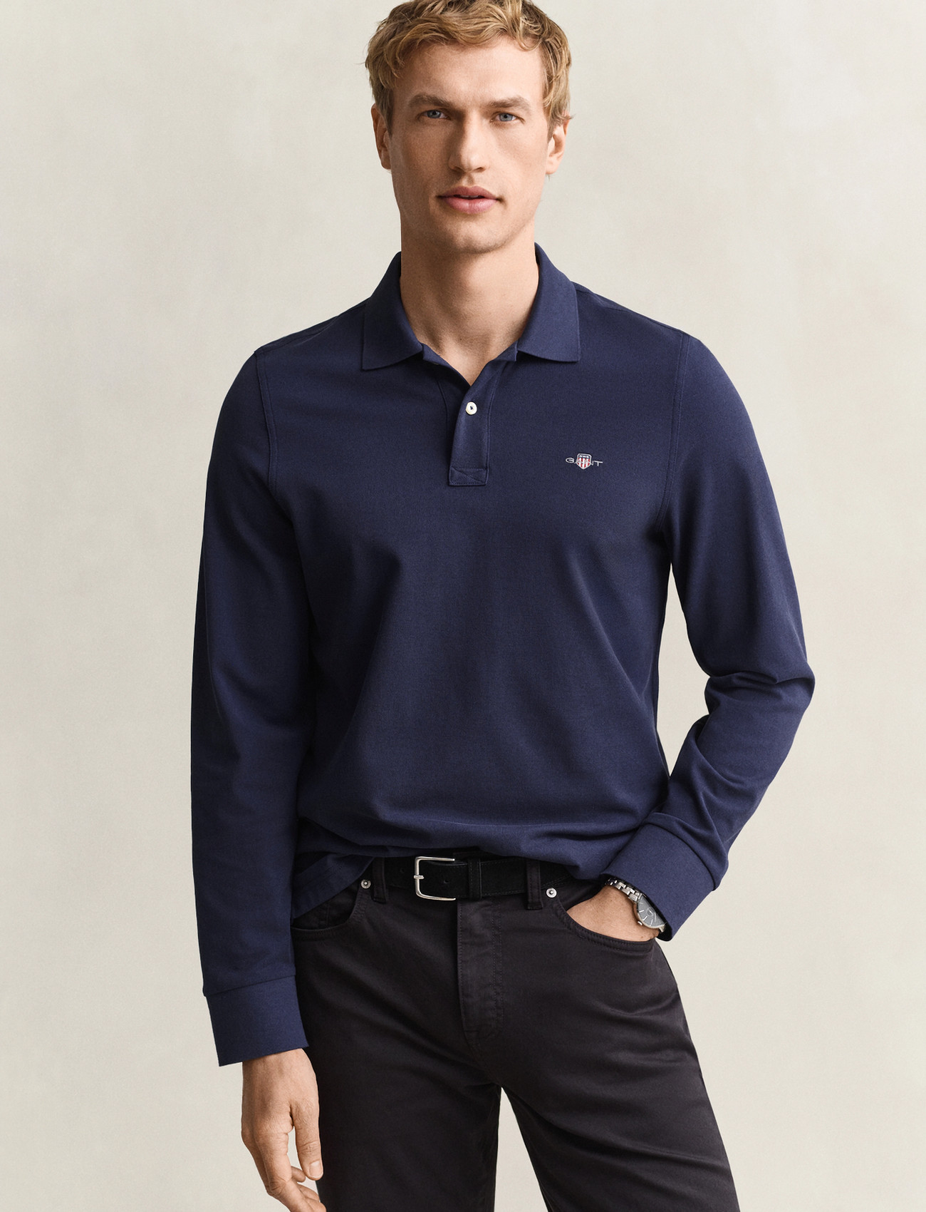 GANT Long Sleeve Polo Shirt, M, Navy, Poloer > Langærmede, Herre