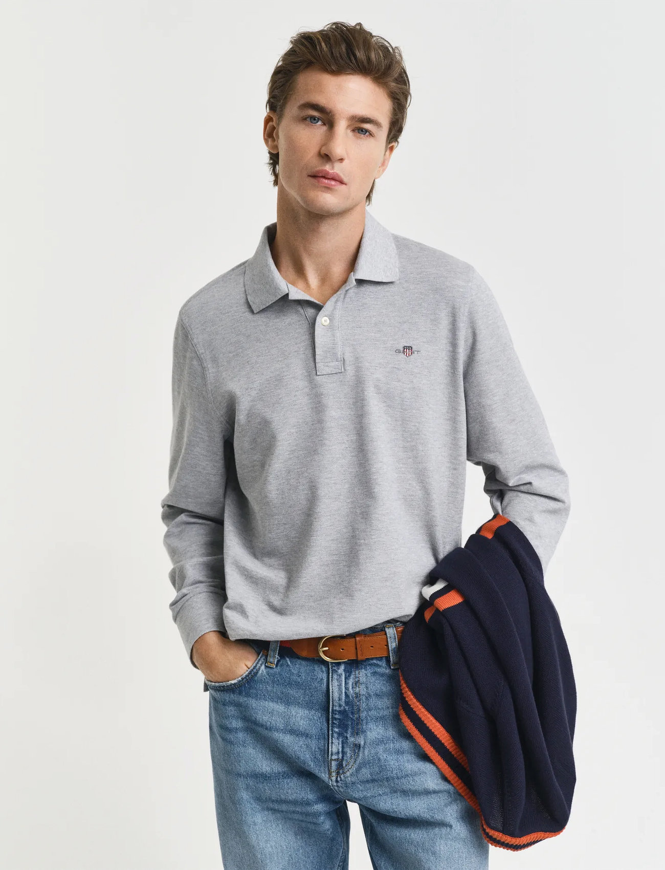 GANT Long Sleeve Polo Shirt, 3XL, Grey, Poloer > Langærmede, Herre