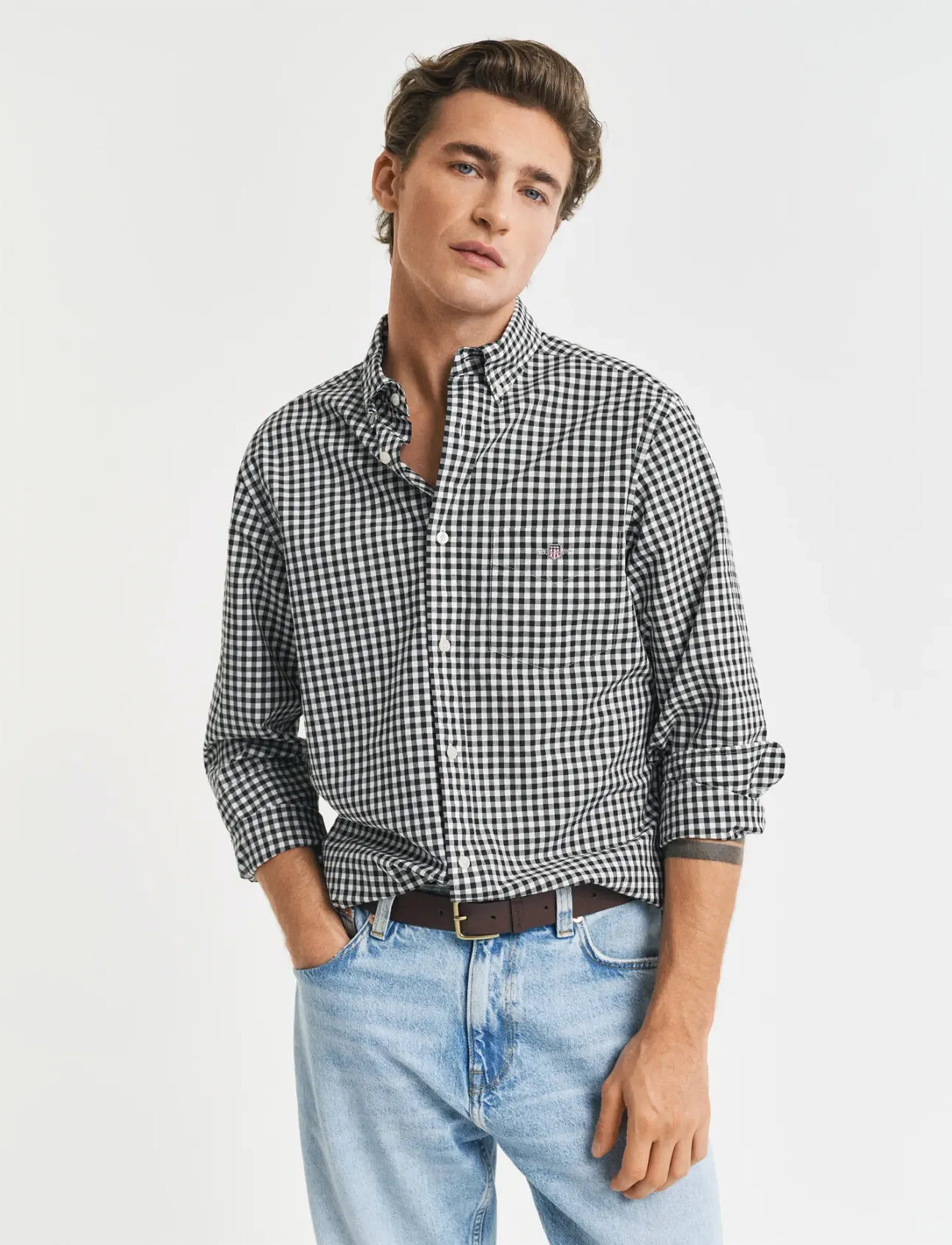 GANT Reg Classic Poplin Gingham Shirt, S, Black, Skjorter > Afslappet, Herre