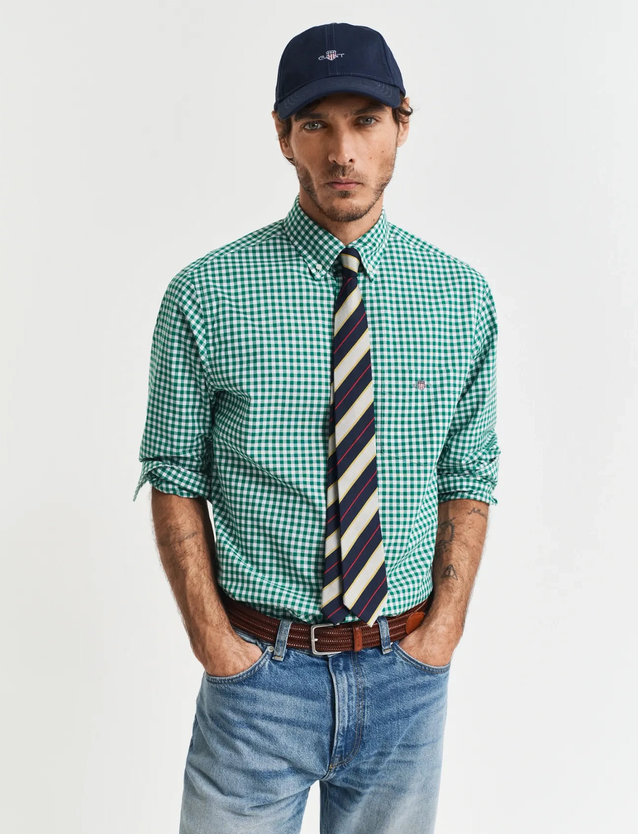 GANT Reg Classic Poplin Gingham Shirt, S, Green, Skjorter > Afslappet, Herre