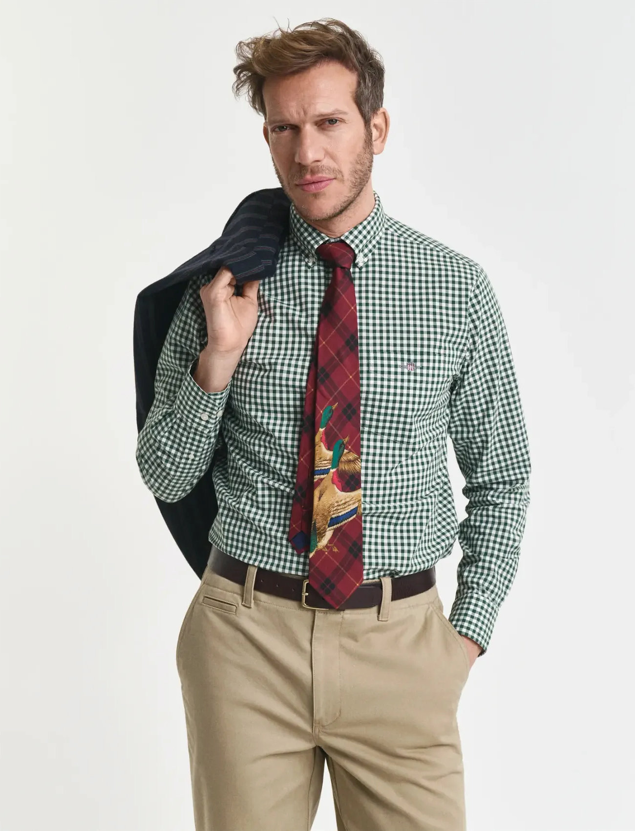 GANT Reg Classic Poplin Gingham Shirt, S, Green, Skjorter > Afslappet, Herre