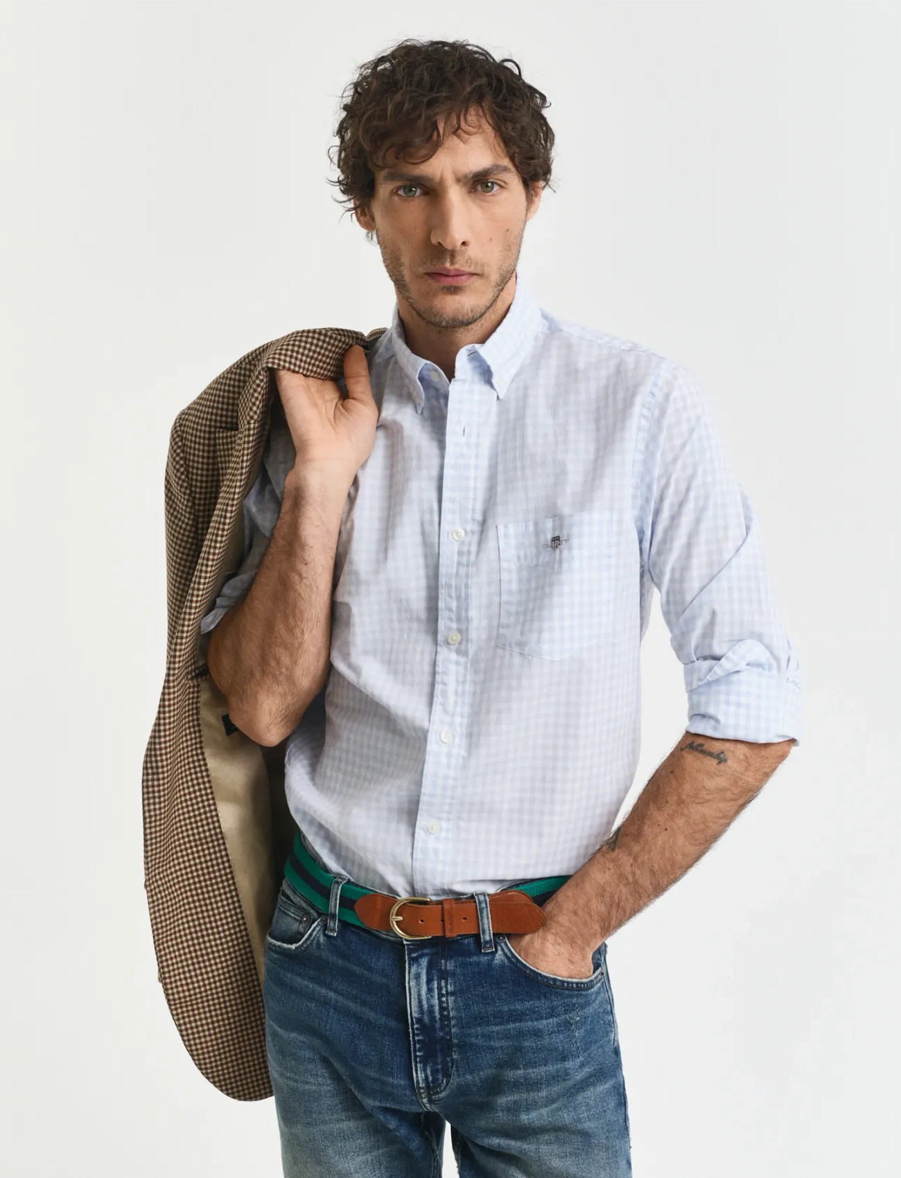 GANT Reg Classic Poplin Gingham Shirt, XL, Blue, Skjorter > Afslappet, Herre