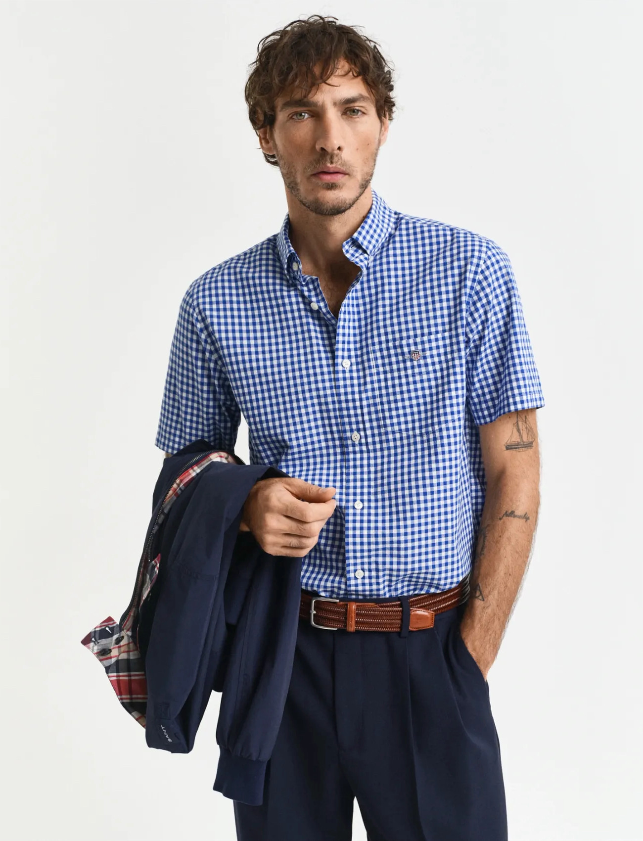 GANT Reg Poplin Gingham Ss Shirt, M, Blue, Skjorter > Kortærmede, Herre