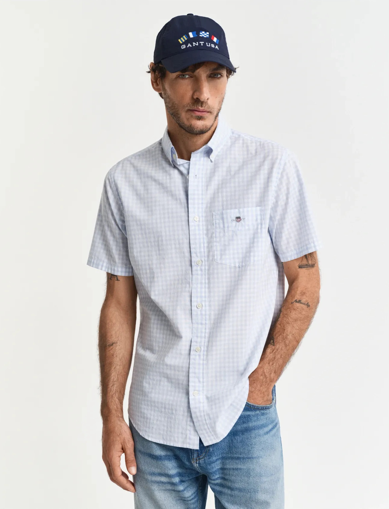 GANT Reg Poplin Gingham Ss Shirt, M, Blue, Skjorter > Kortærmede, Herre