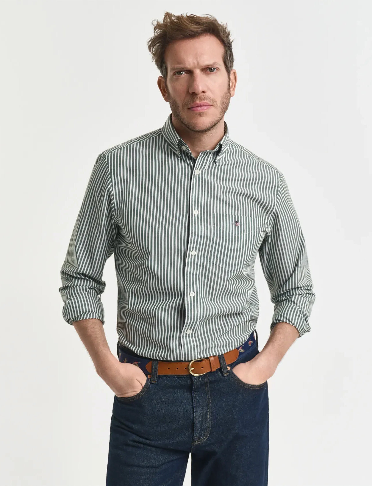 GANT Reg Classic Poplin Stripe Shirt, S, Green, Skjorter > Afslappet, Herre