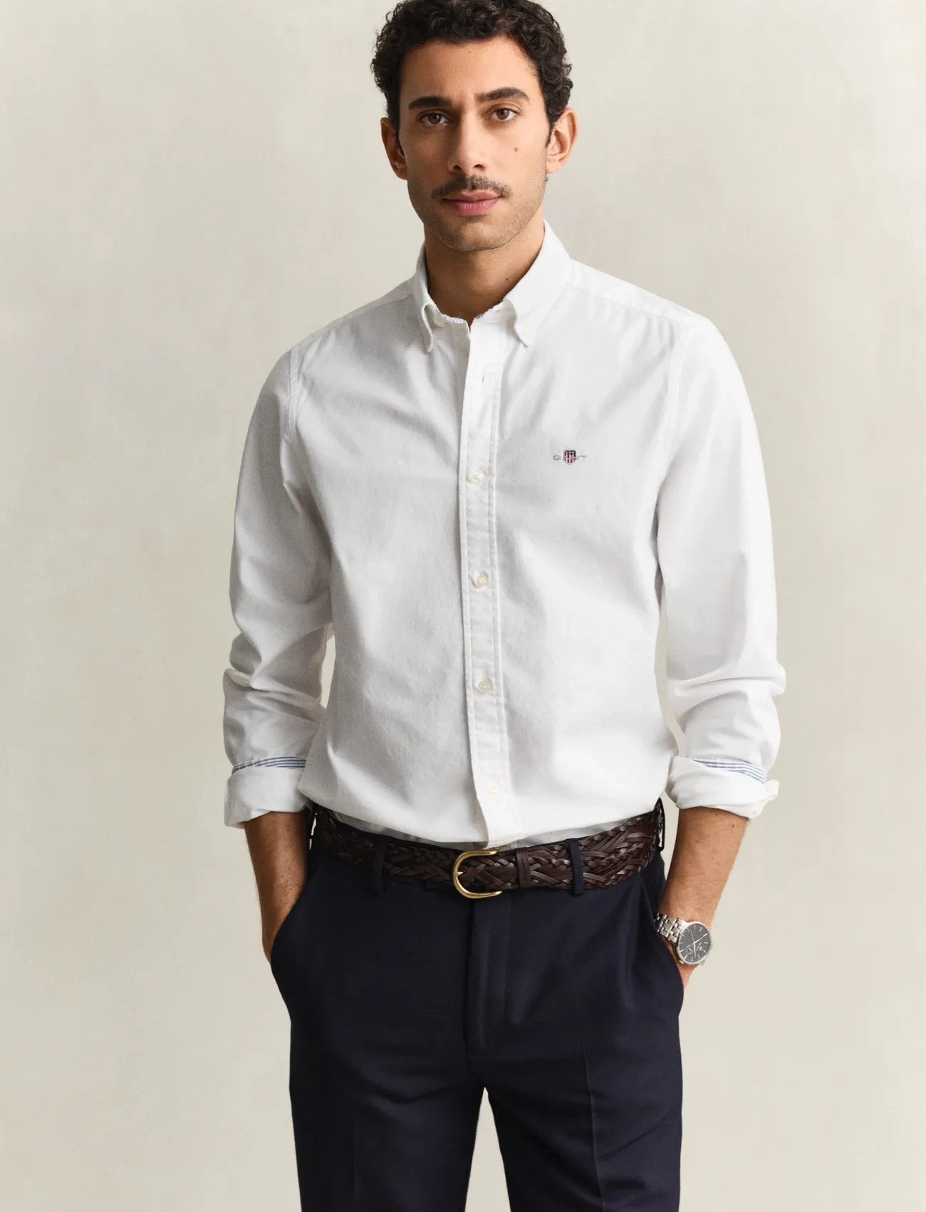 GANT Slim Stretch Oxford Shirt, M, White, Skjorter > Afslappet, Herre