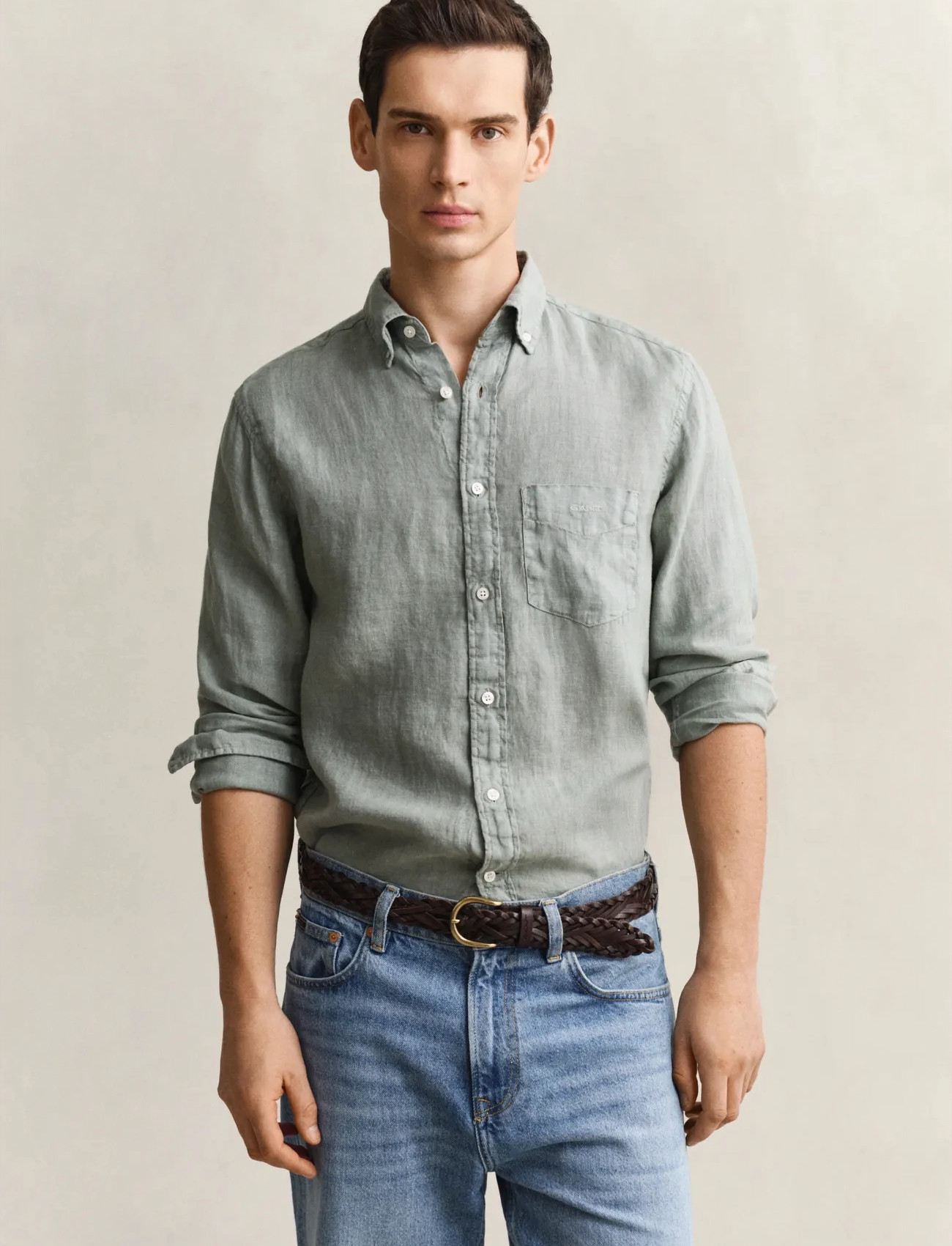 GANT Reg Gmnt Dyed Linen Shirt, M, Khaki green, Skjorter > Afslappet, Herre