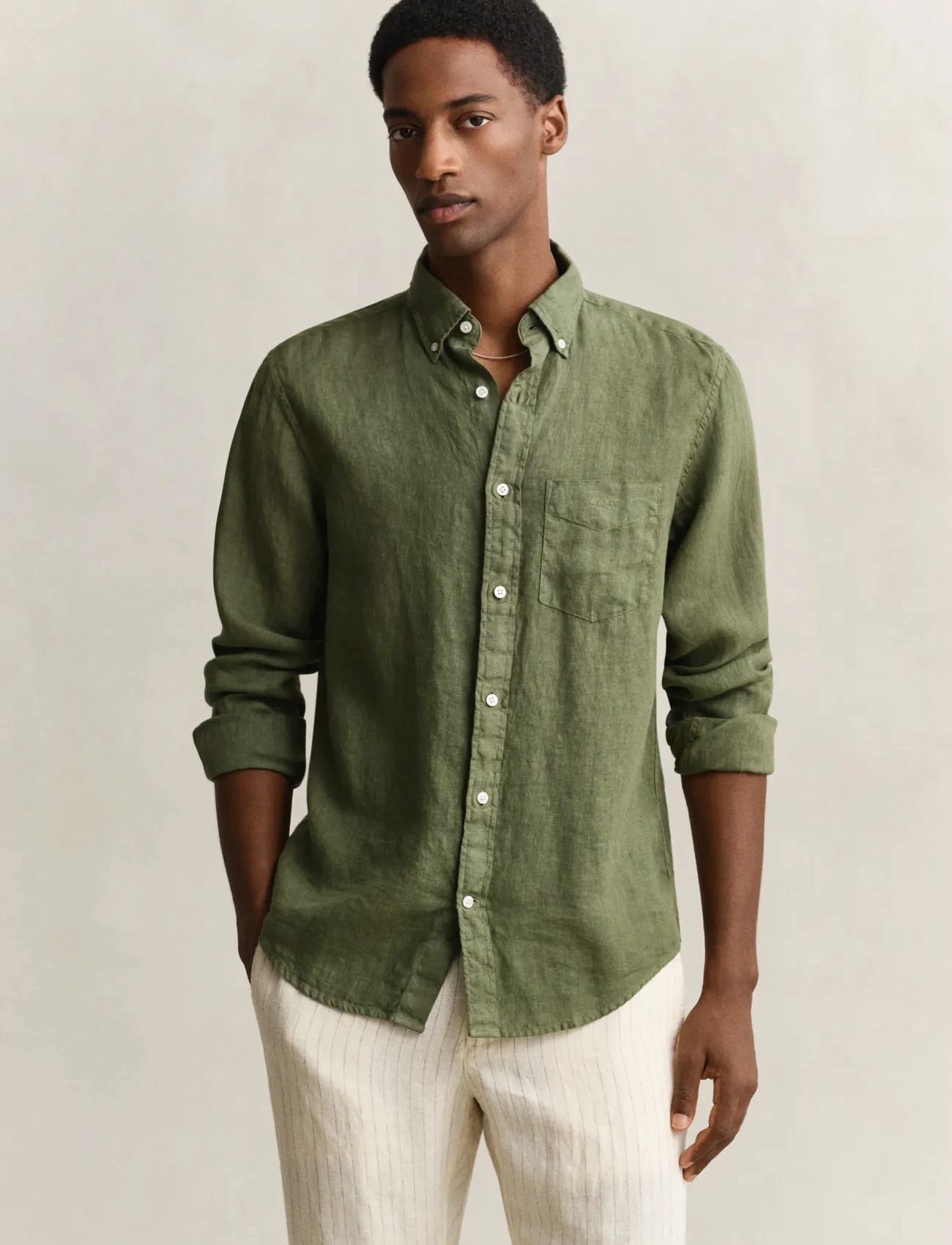 GANT Reg Gmnt Dyed Linen Shirt, 3XL, Khaki green, Skjorter > Afslappet, Herre