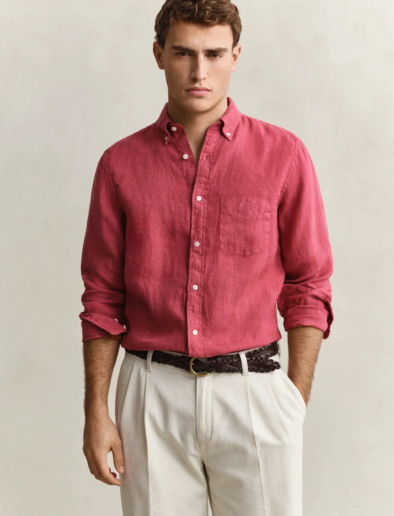 GANT Reg Gmnt Dyed Linen Shirt, XL, Burgundy, Skjorter > Afslappet, Herre