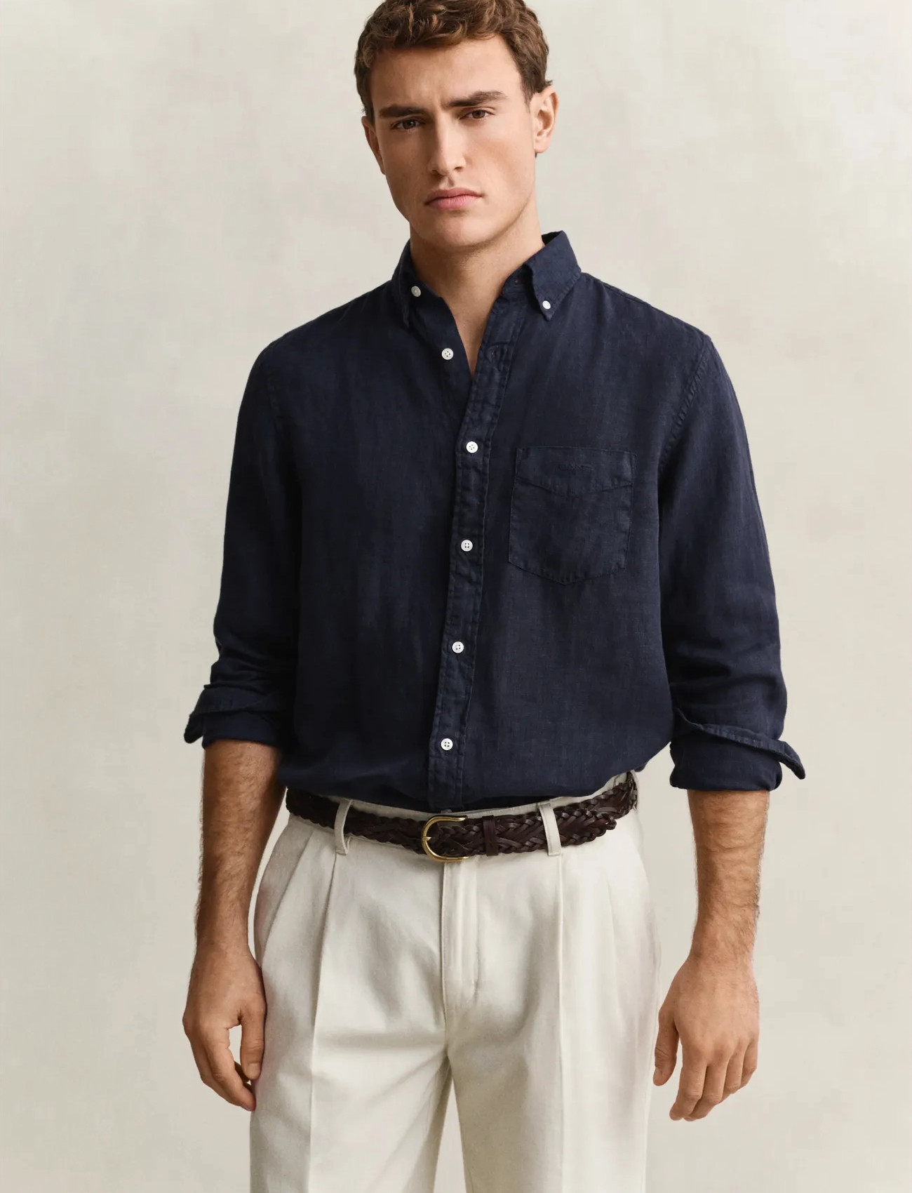 GANT Reg Gmnt Dyed Linen Shirt, L, Navy, Skjorter > Afslappet, Herre