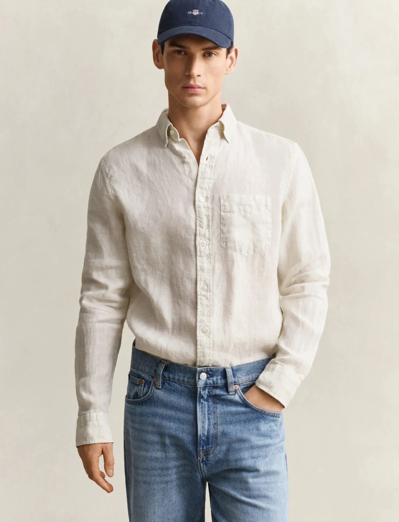 GANT Reg Gmnt Dyed Linen Shirt, L, Beige, Skjorter > Afslappet, Herre