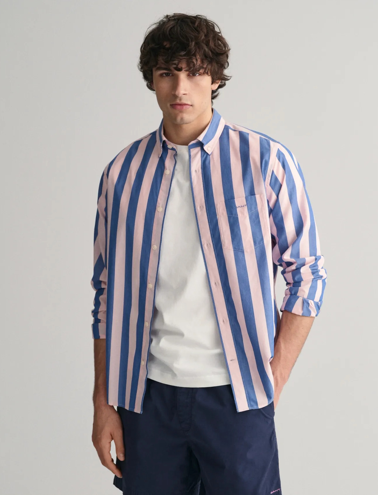 GANT Reg Poplin Parasol Stripe Shirt, L, Pink, Skjorter > Afslappet, Herre