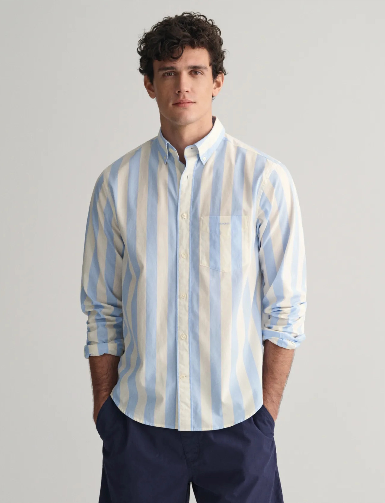 GANT Reg Poplin Parasol Stripe Shirt, L, Blue, Skjorter > Afslappet, Herre