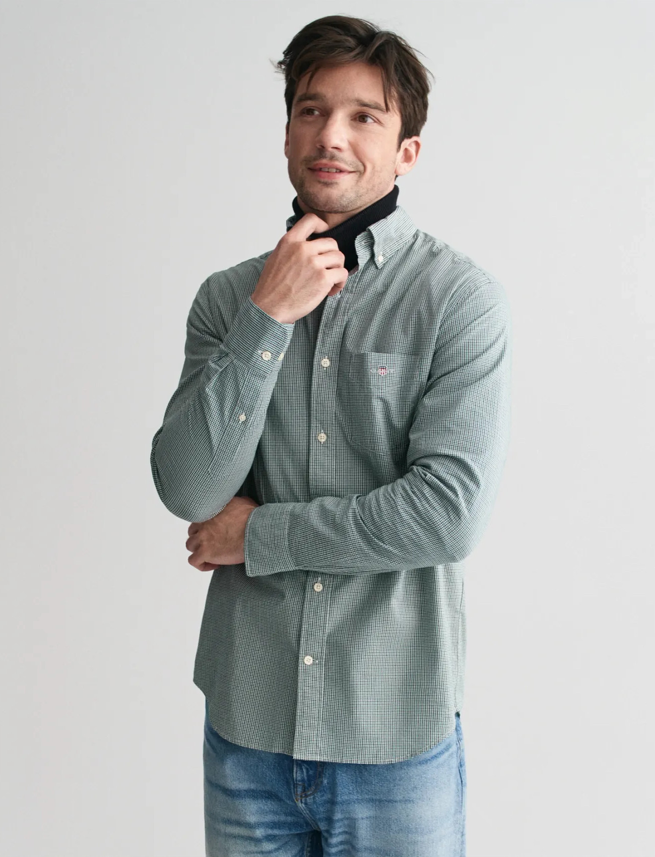 GANT Reg Poplin Micro Gingham Shirt, S, Green, Skjorter > Afslappet, Herre