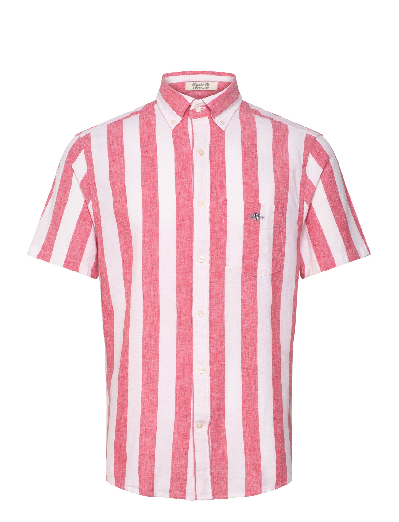 GANT Reg Cotton Linen Stripe Ss Shirt, M, Red, Skjorter > Kortærmede Shirts, Herre