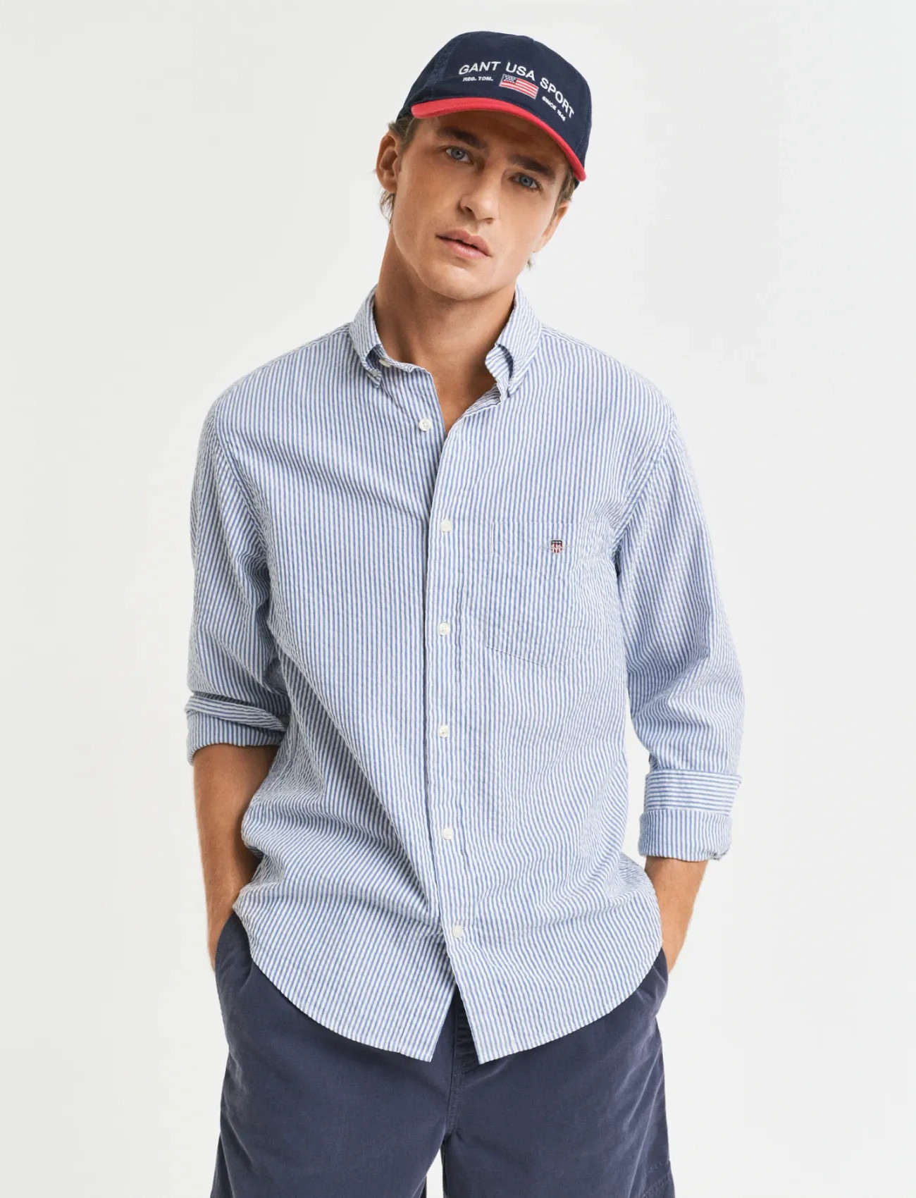 GANT Reg Seersucker Stripe Shirt, XL, Blue, Shirts > Striped Shirts, Herre