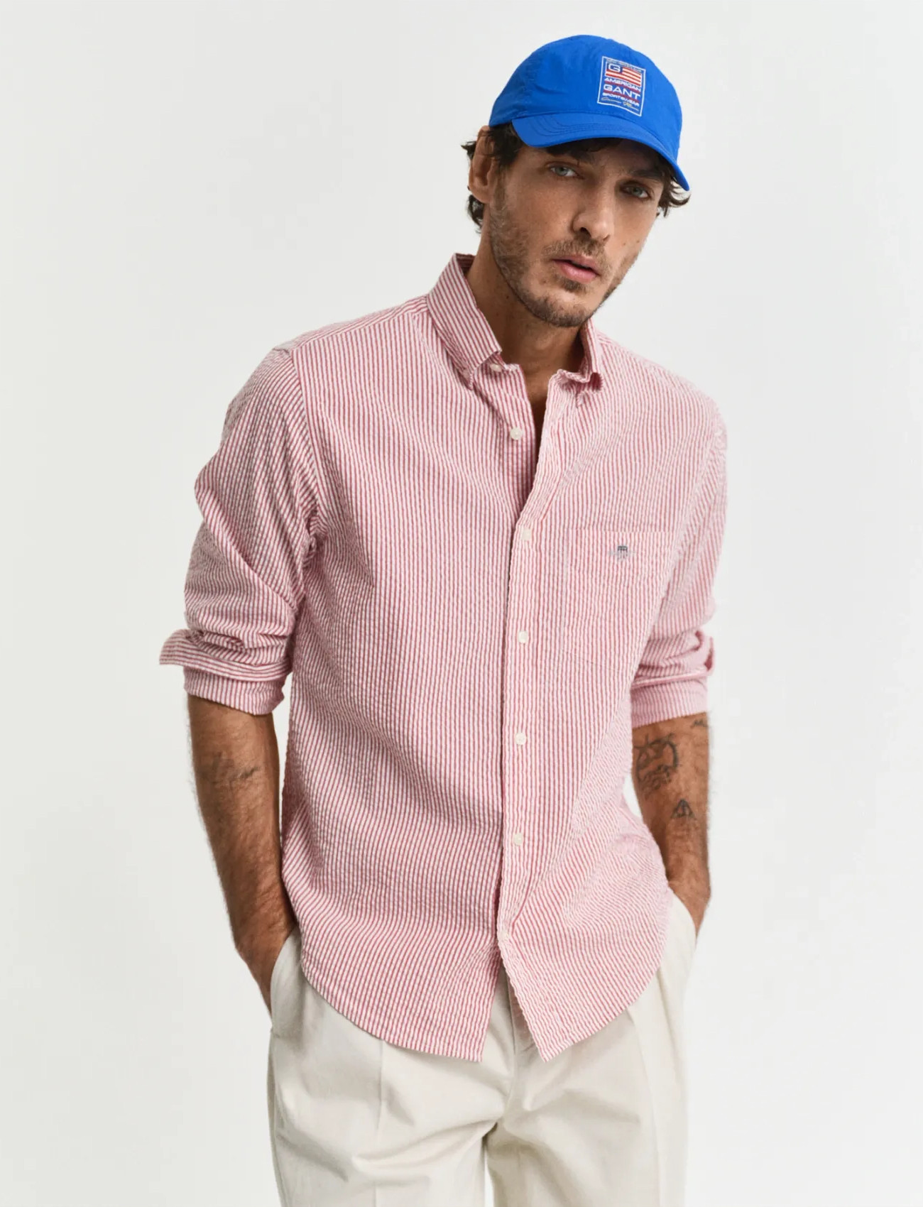 GANT Reg Seersucker Stripe Shirt, 3XL, Red, Shirts > Striped Shirts, Herre
