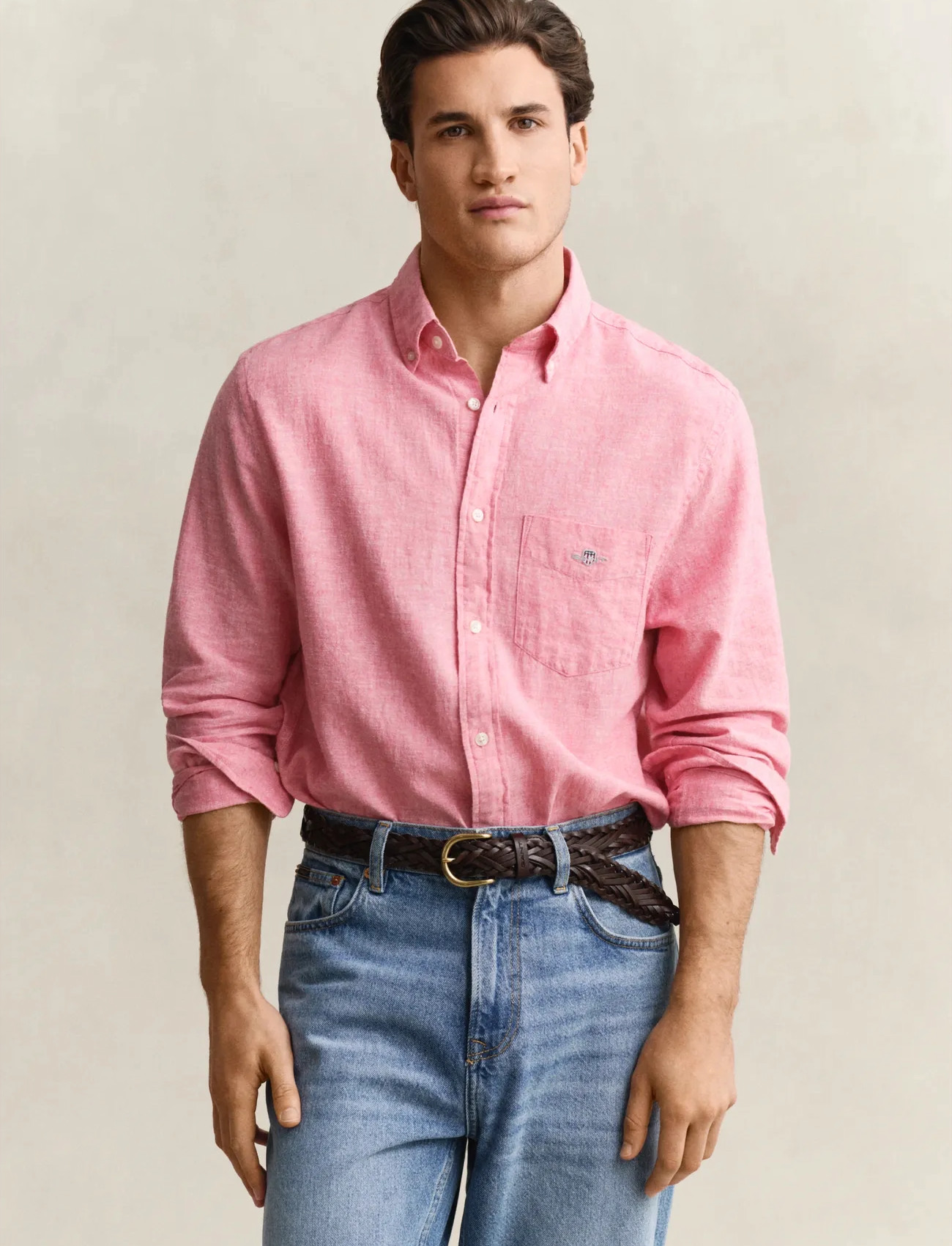 GANT Reg Cotton Linen Shirt, M, Pink, Skjorter > Skjorter I Hør, Herre