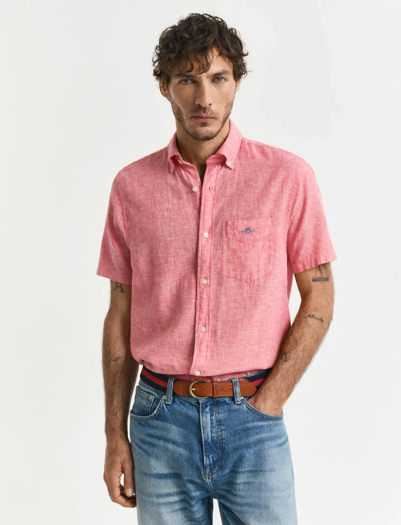GANT Reg Cotton Linen Ss Shirt, S, Pink, Skjorter > Kortærmede Shirts, Herre