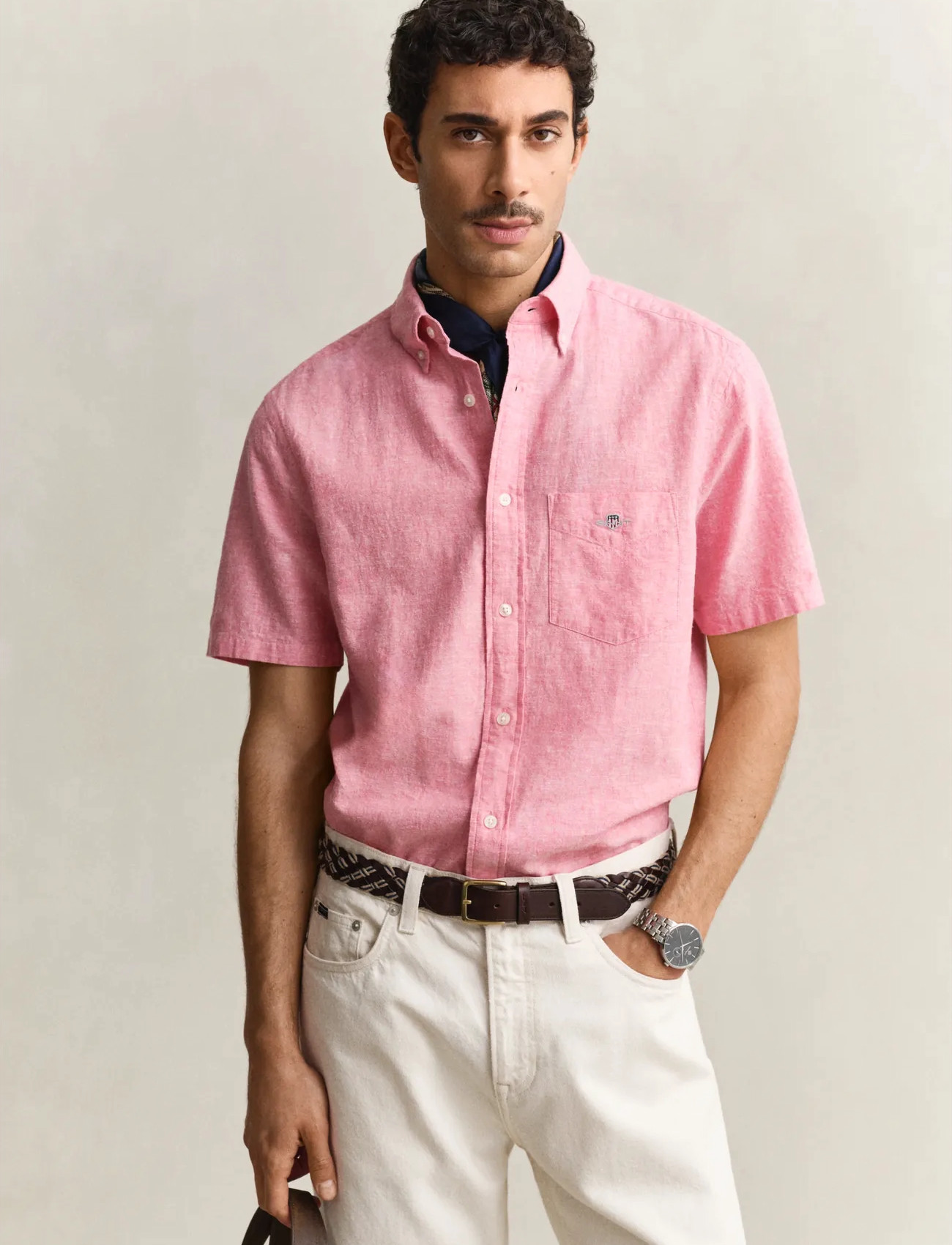 GANT Reg Cotton Linen Ss Shirt, XXL, Pink, Skjorter > Kortærmede Shirts, Herre