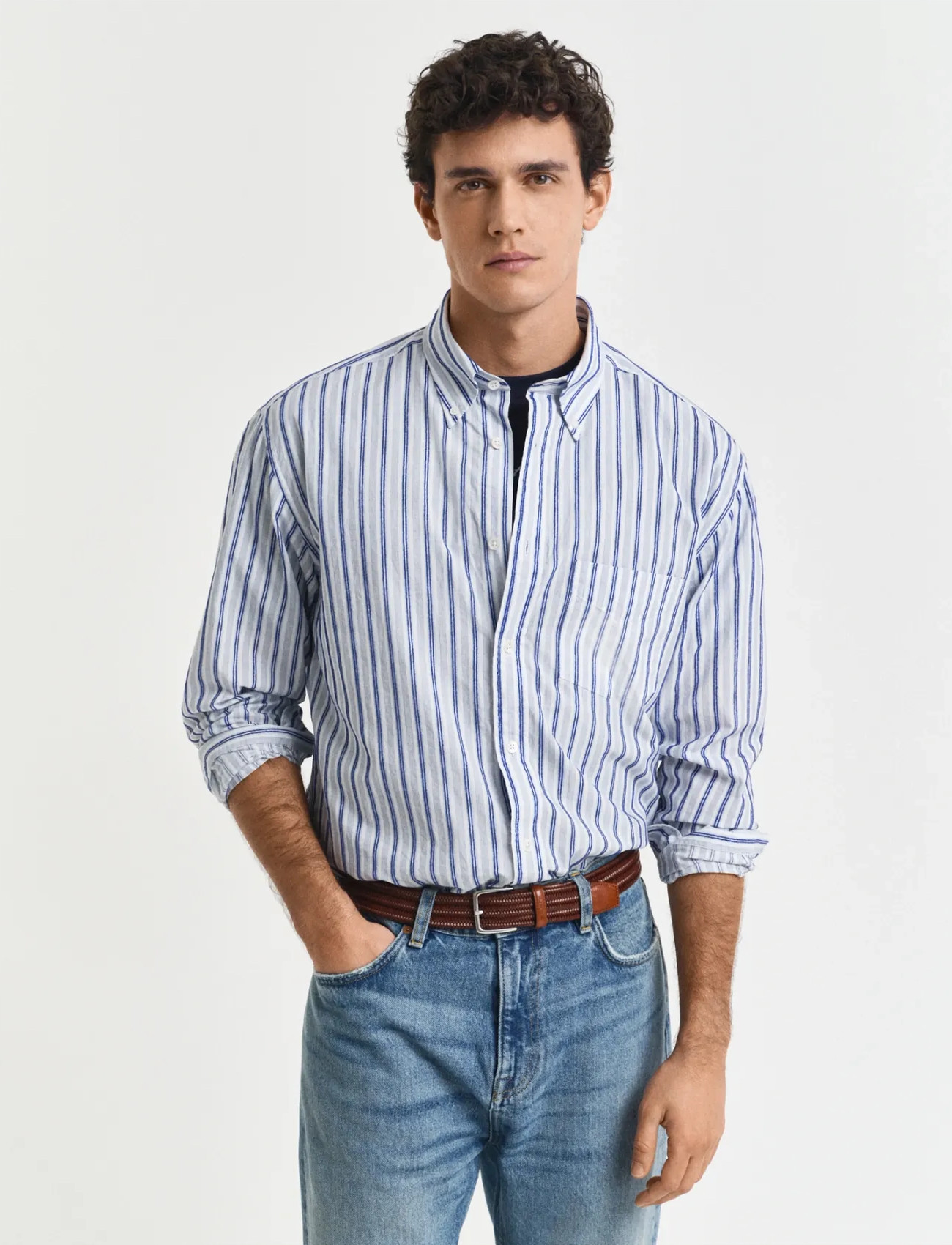 GANT Rel Texture Stripe Shirt, XL, Blue, Shirts > Striped Shirts, Herre