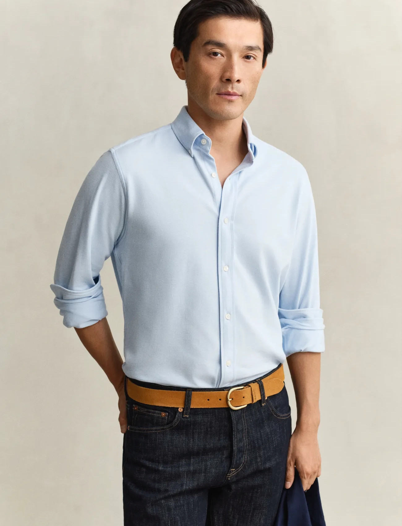 GANT Reg Jersey Pique Stretch Shirt, XXL, Blue, Skjorter > Afslappet Shirts, Herre