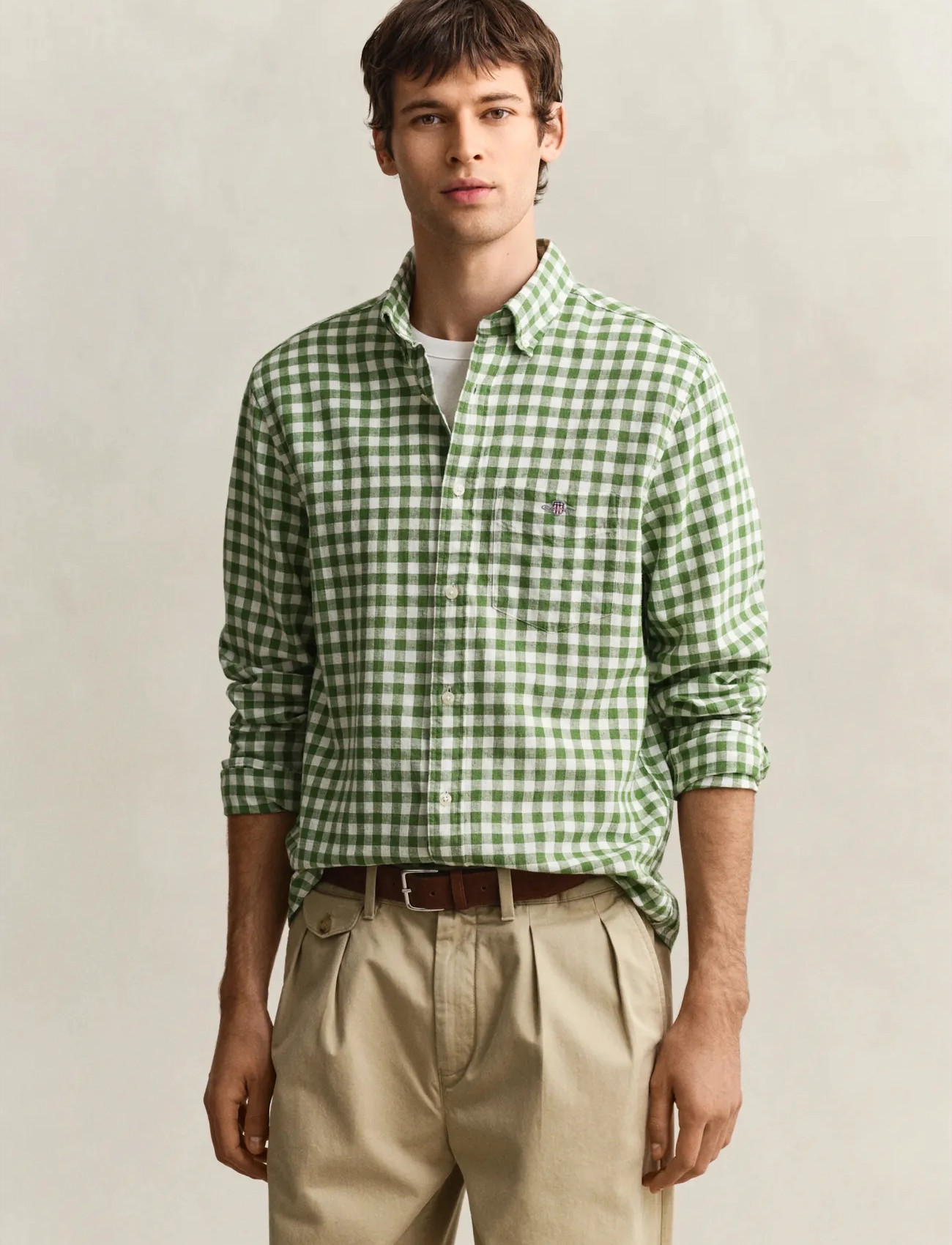 GANT Reg Cotton Linen Gingham Shirt, XL, Green, Skjorter > Afslappet Shirts, Herre