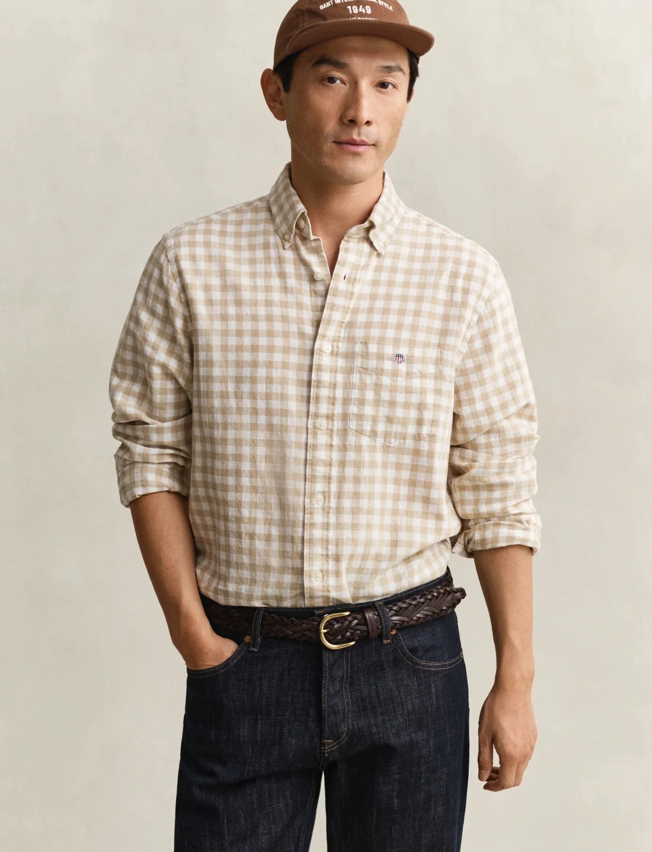 GANT Reg Cotton Linen Gingham Shirt, XXL, Beige, Skjorter > Afslappet Shirts, Herre