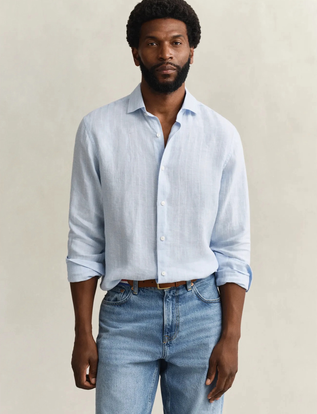 GANT Reg Linen Stripe Shirt, M, Blue, Skjorter > Skjorter I Hør, Herre