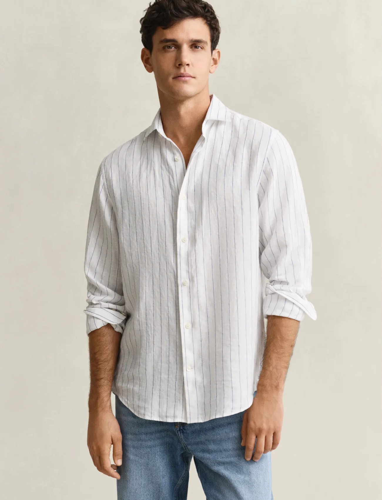 GANT Reg Linen Stripe Shirt, M, White, Skjorter > Skjorter I Hør, Herre