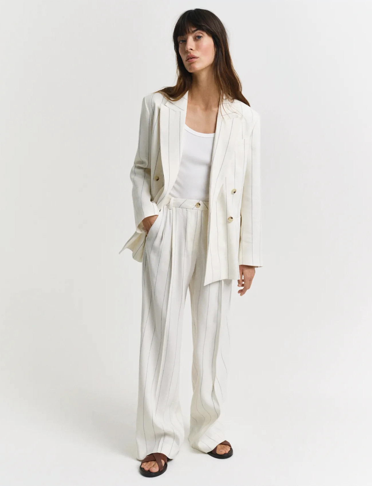 GANT Tailored Pleated Linen Blend Pants, 40, White, Bukser > Bukser I Hør, Dame