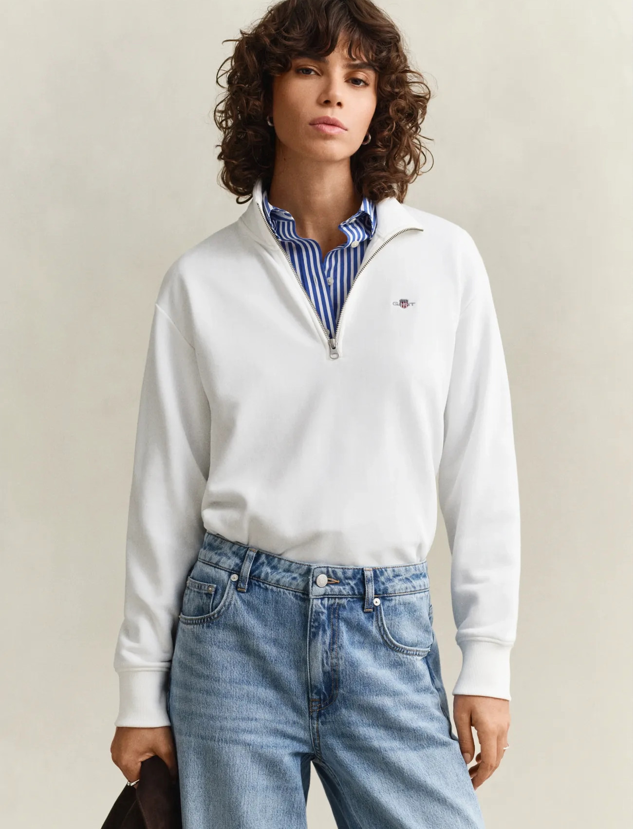 GANT Shield Half-Zip, XXL, White, Sweatshirts & Hættetrøjer > Hættetrøjer, Dame