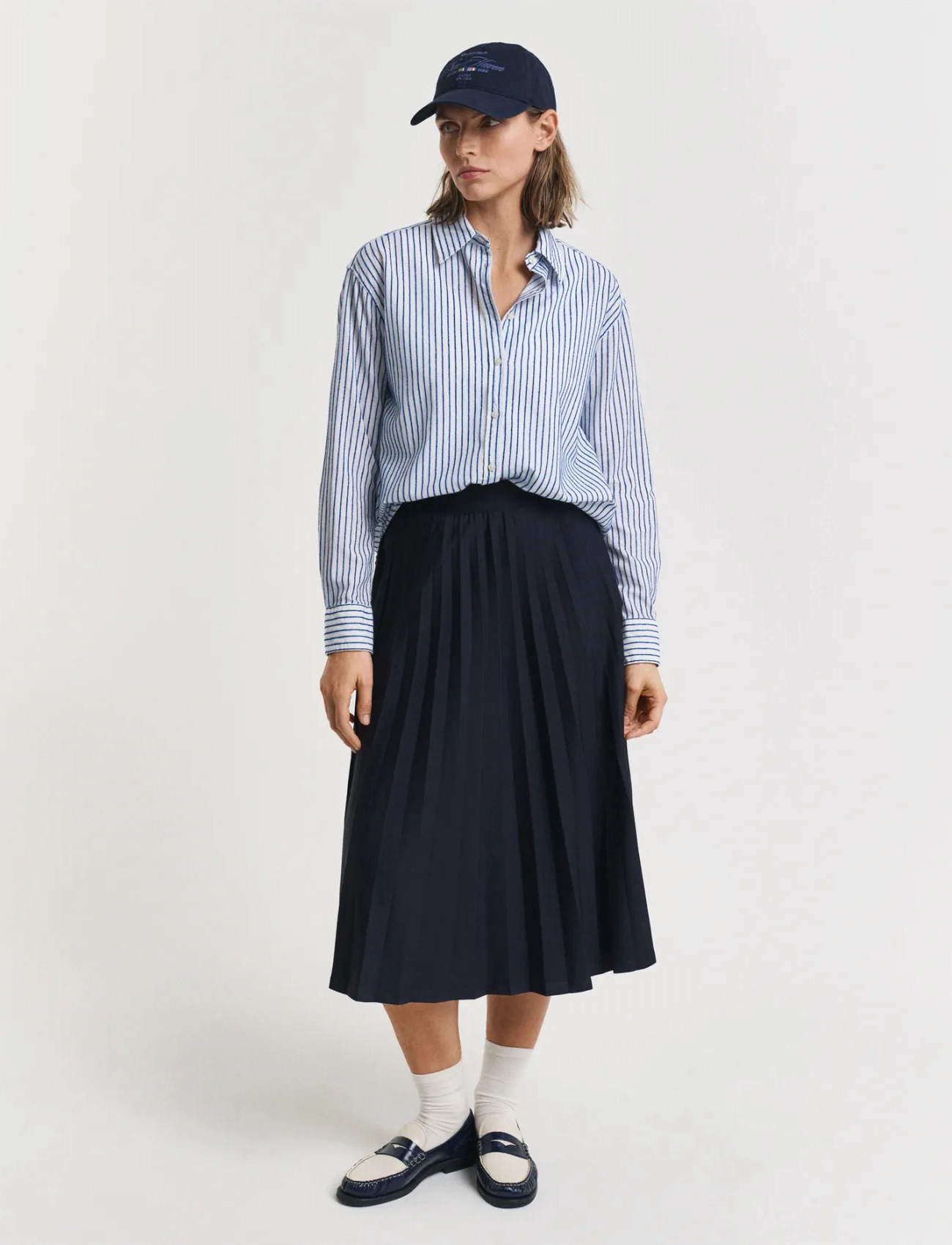 GANT Jersey Pleated Skirt, XL, Navy, Nederdele > Knælange Og Midi Nederdele, Dame