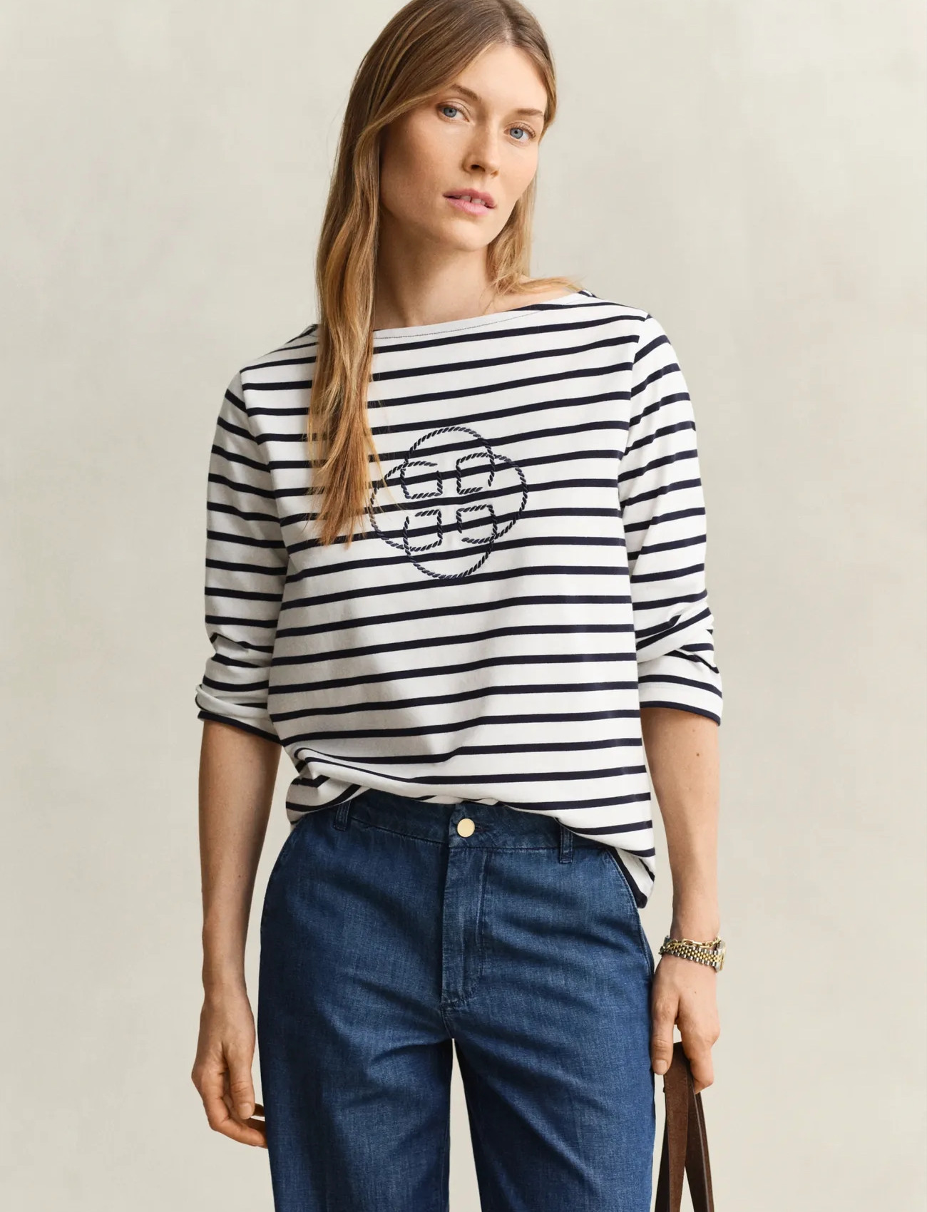 GANT Reg Three-Quarter Sleeve T-Shirt, XL, Navy, T-Shirts & Toppe > Langærmede, Dame