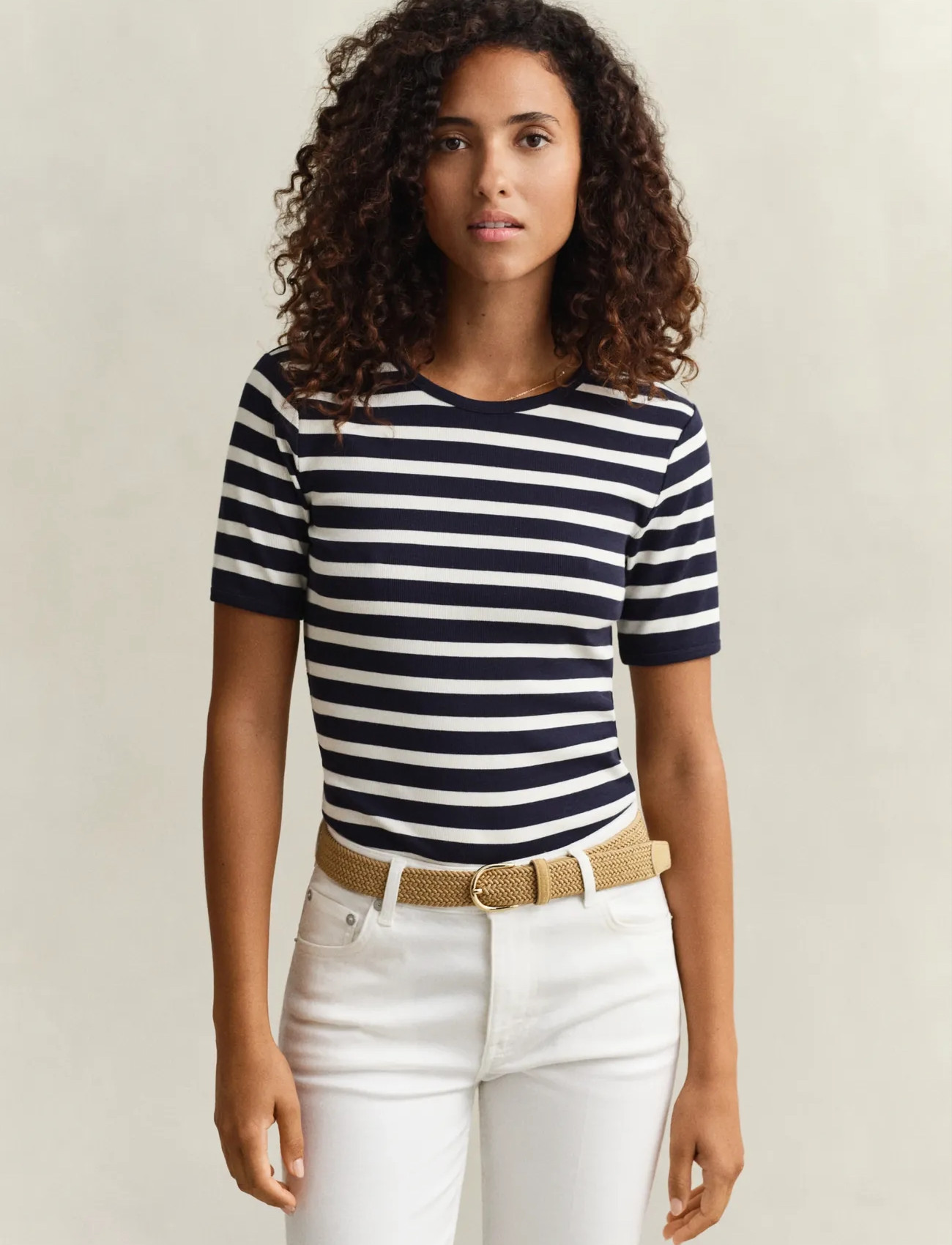 GANT Striped Ribbed Ss T-Shirt, XL, Navy, T-Shirts & Toppe > Kortærmede, Dame