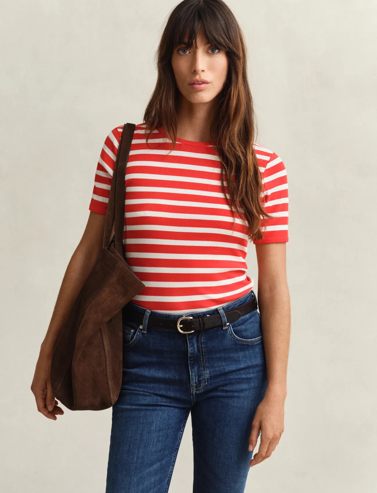 GANT Striped Ribbed Ss T-Shirt, L, Red, T-Shirts & Toppe > Kortærmede, Dame