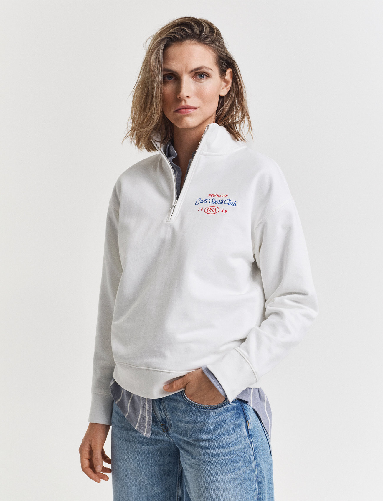 GANT Graphic Half Zip Sweat, L, White, Sweatshirts & Hættetrøjer > Sweatshirts, Dame