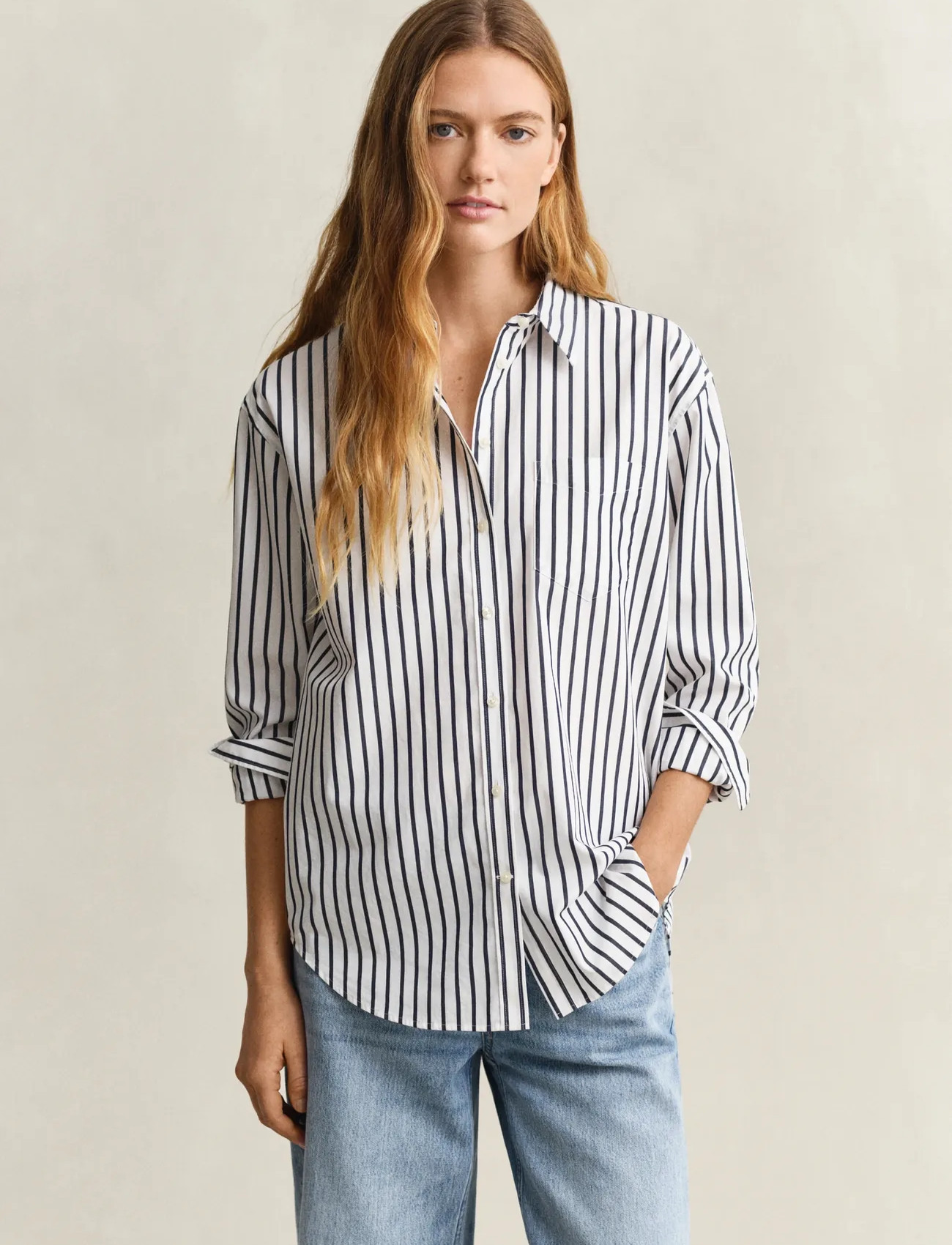 GANT Rel Classic Poplin Striped Shirt, 34, Navy, Skjorter > Langærmede, Dame